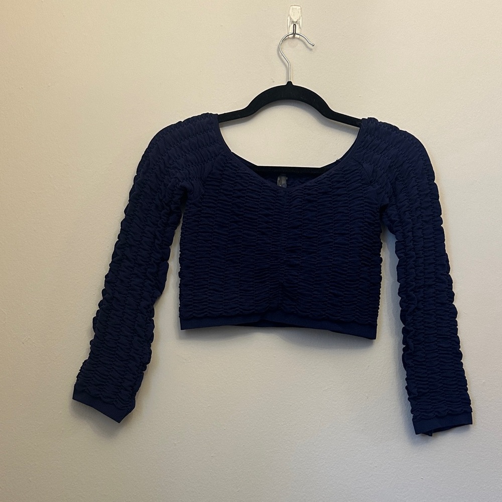 Anthropologie Navy‎ Blue Textured Ruched Fitted Long Sleeve Crop Top Sz L/XL NWT